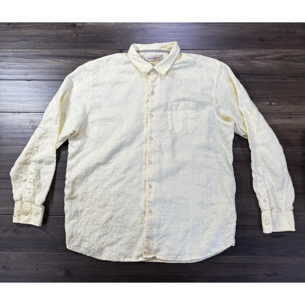 Tommy Bahama Shirt Mens XL Yellow Linen Long Sleeve Button Up Casual Pocket